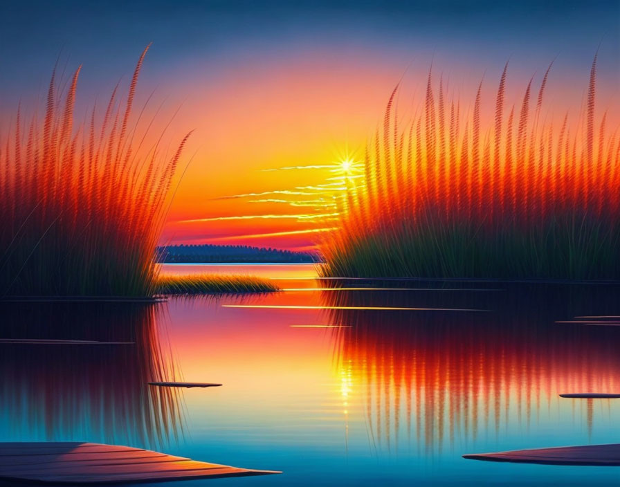 Colorful sunset reflection on lake with grass silhouettes and distant treeline