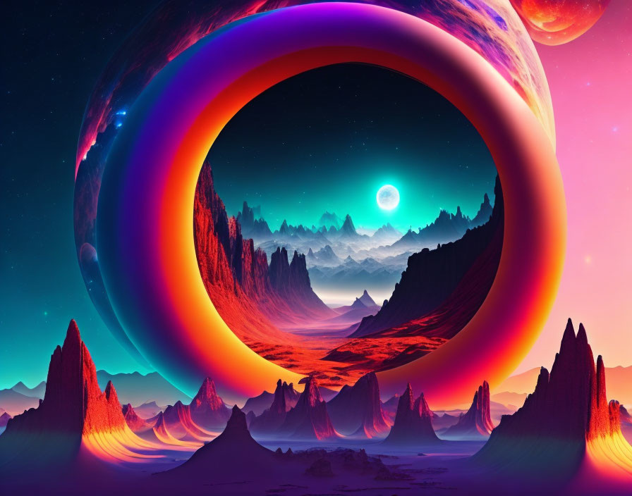 Vibrant surreal landscape with rocky formations and celestial bodies