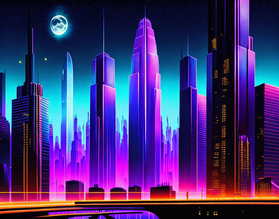 Futuristic neon-lit cityscape with skyscrapers and full moon