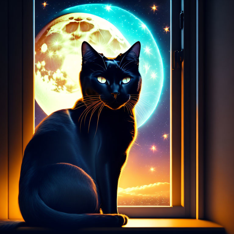 Black cat on windowsill under full moon and stars