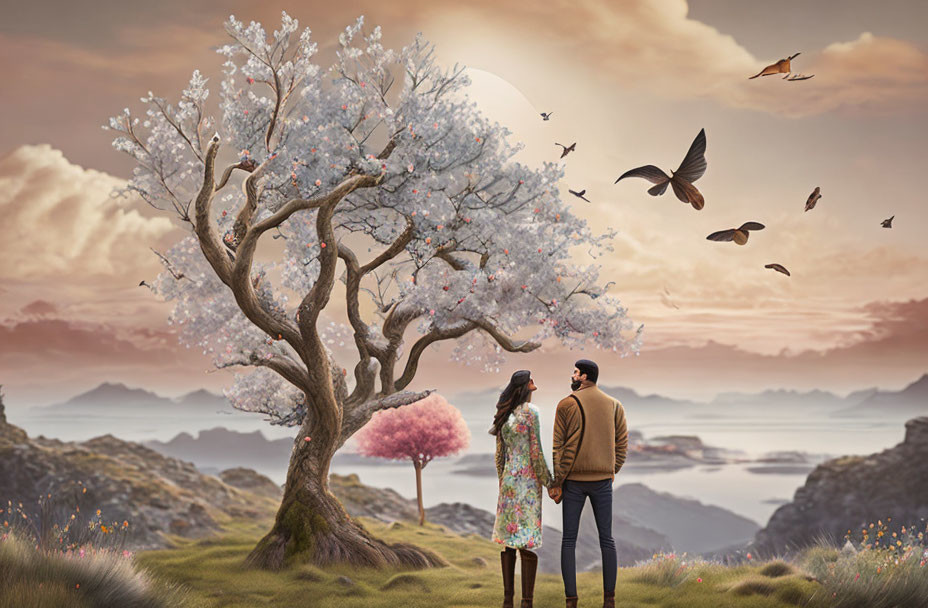 Couple under blooming tree with mountain and lake view at sunset