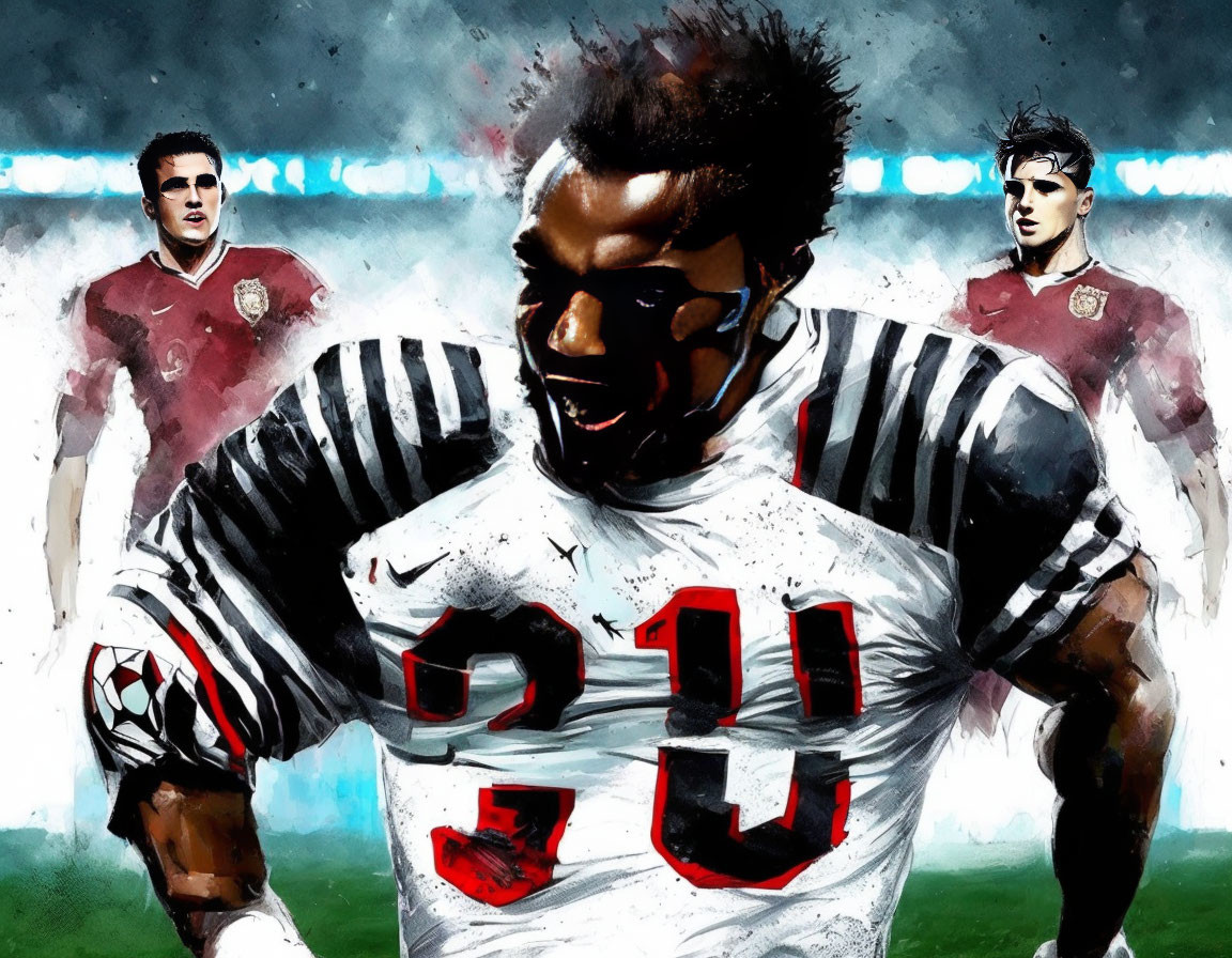 Digital painting of football player in white and red jersey, number 11, with rainy field backdrop