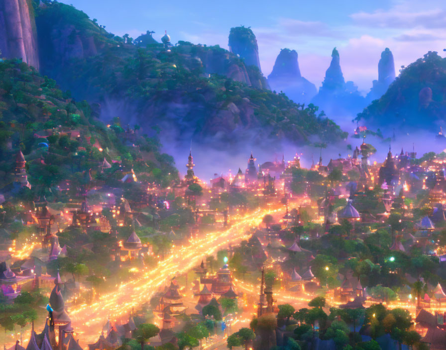 Mystical city at twilight with glowing lights and mist-covered mountains