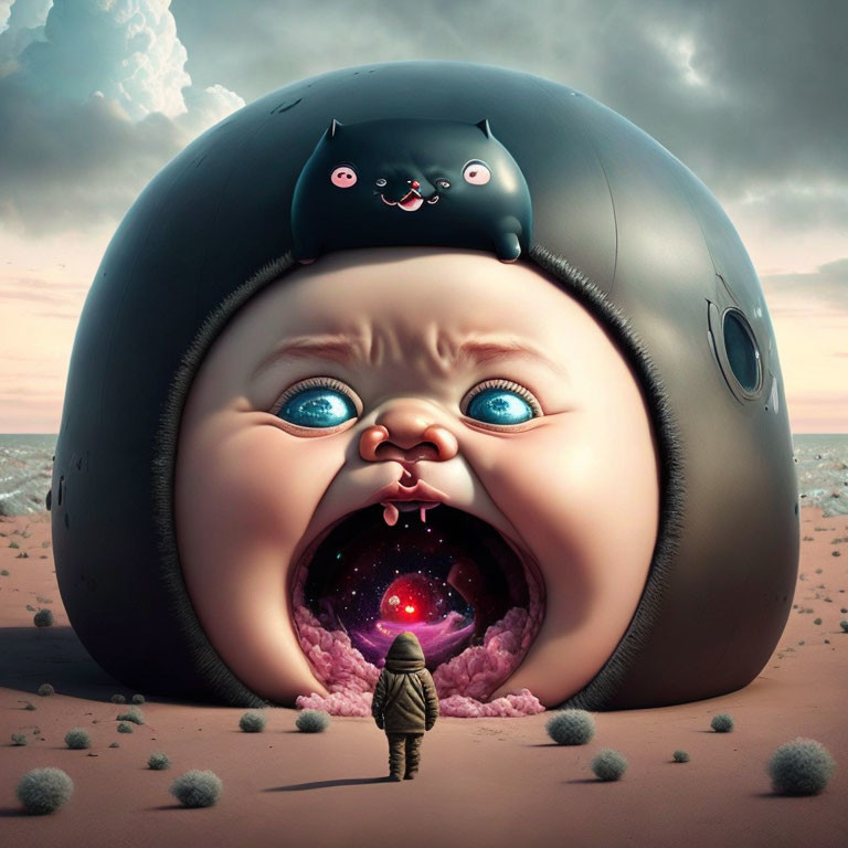 Surreal digital artwork of astronaut, baby head, cat, and cosmic landscape