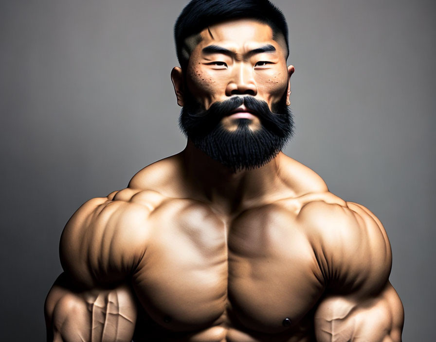 Bearded man with styled hair and muscles on grey background