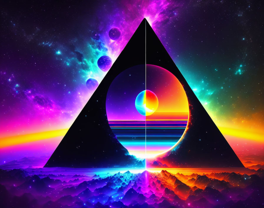 Colorful digital artwork: Black pyramid with luminous orb in triangle against cosmic backdrop