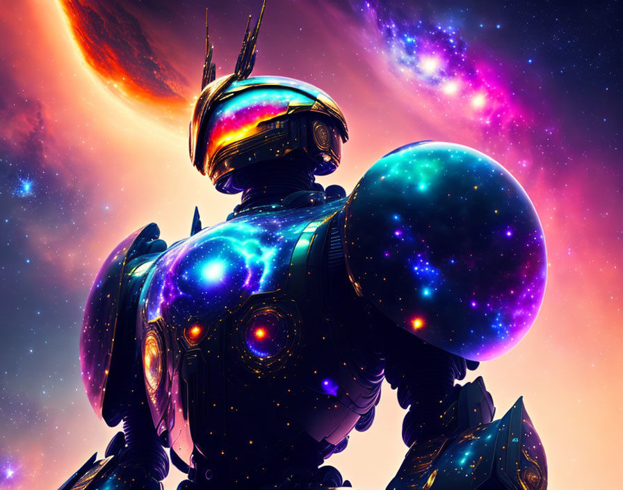 Cosmos-themed robot holding galaxy-patterned sphere in vibrant space setting