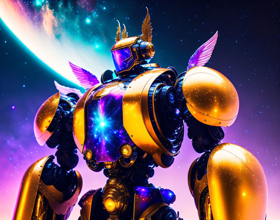 Futuristic robot in golden armor with blue glowing elements against cosmic backdrop