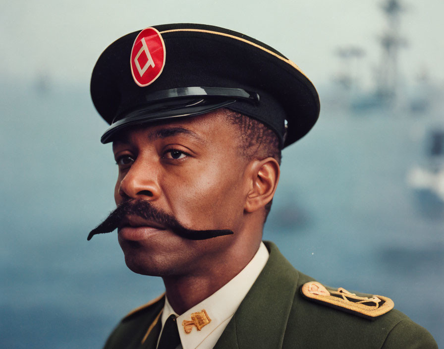 Military Man in Uniform with Mustache and Red Diamond Insignia