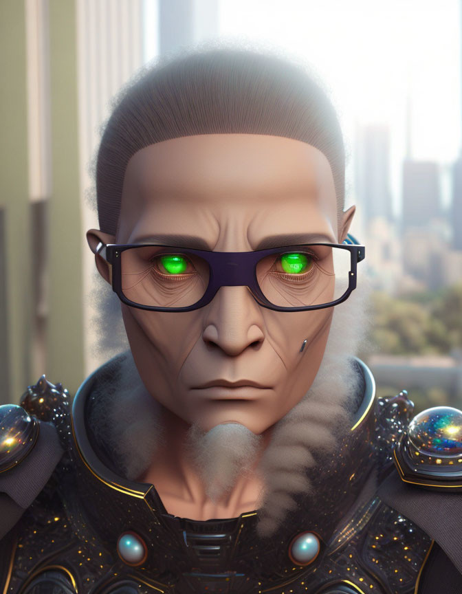 Futuristic humanoid character with green eyes and glasses in urban setting