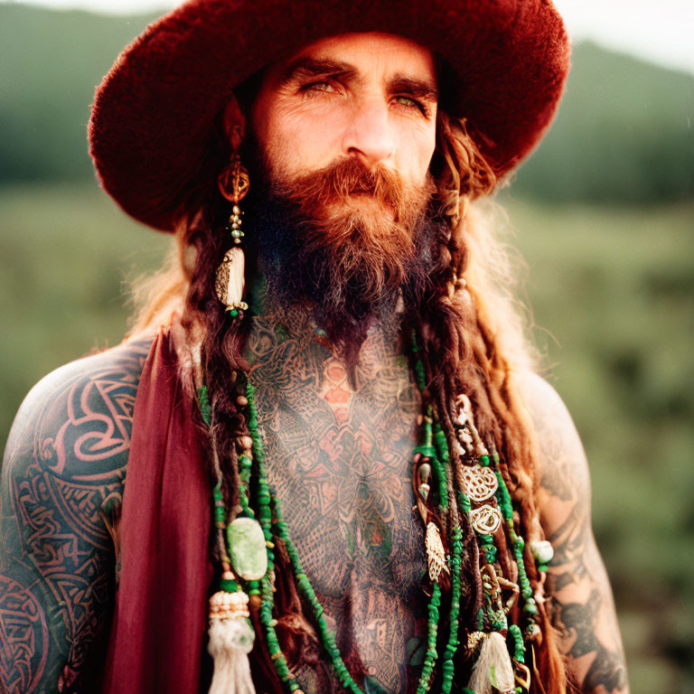 Bearded man with tattoos in wide-brimmed hat and beads in nature setting