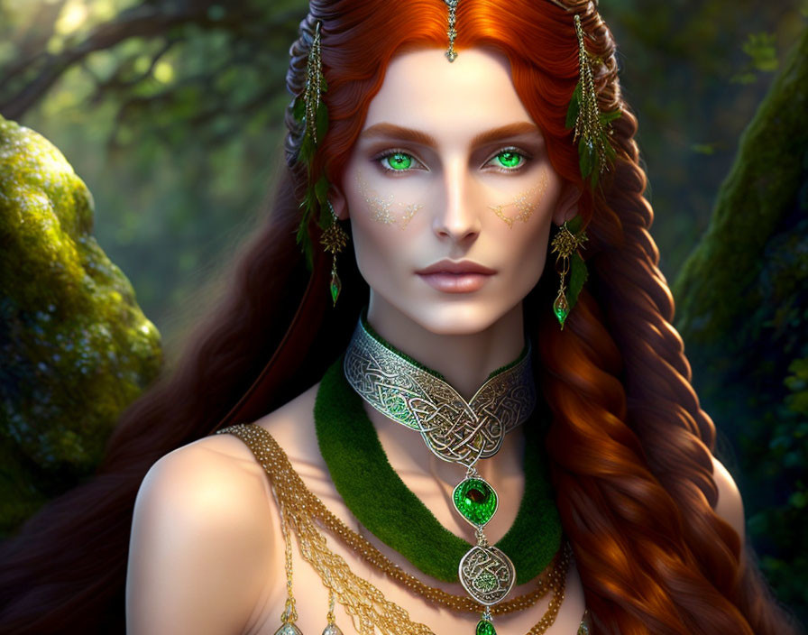 Vibrant red-haired woman in gold and green jewelry against forest backdrop