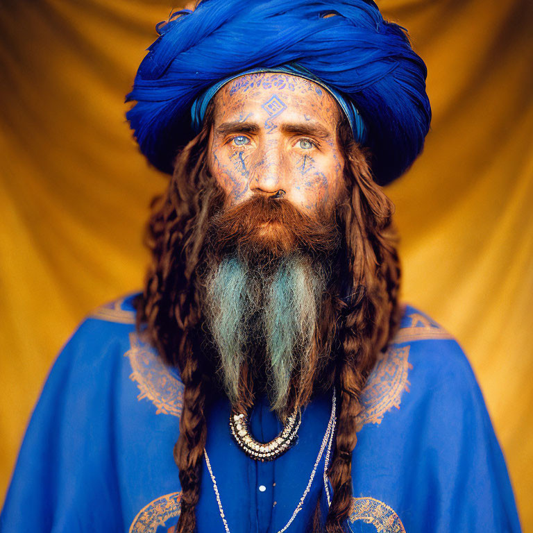 Man with intricate facial tattoos and blue attire on golden background