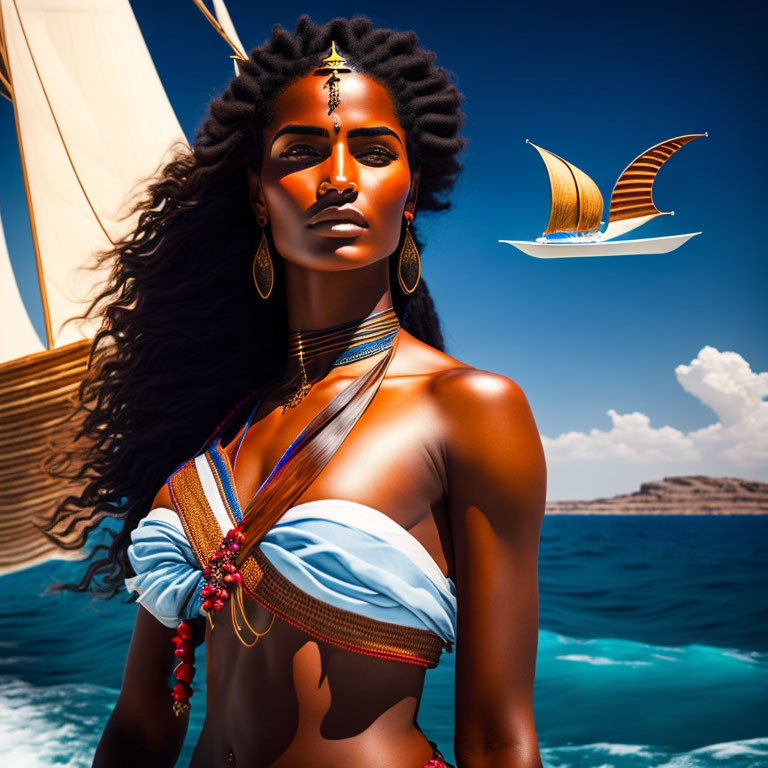 Illustrated woman with gold jewelry by vibrant blue sea and sailing ships