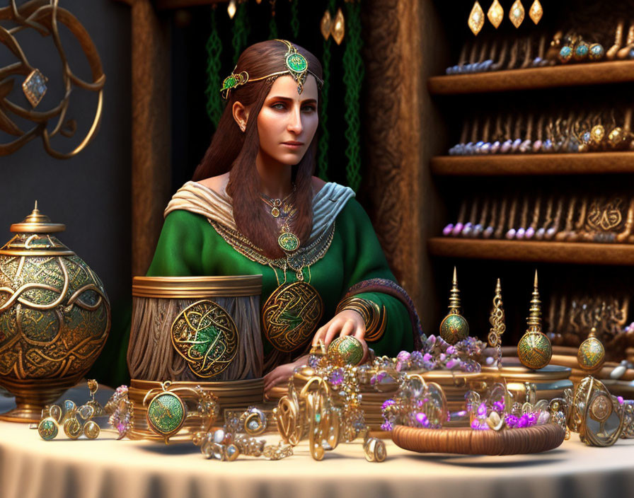 Woman in Green Cloak with Intricate Jewelry Surrounded by Golden Trinkets