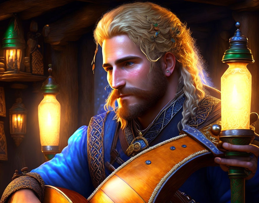 Blond Bard with Lute in Tavern Setting