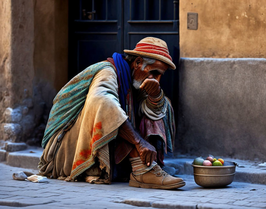 Elderly person tying shoe next to bowl of fruit in layered clothing