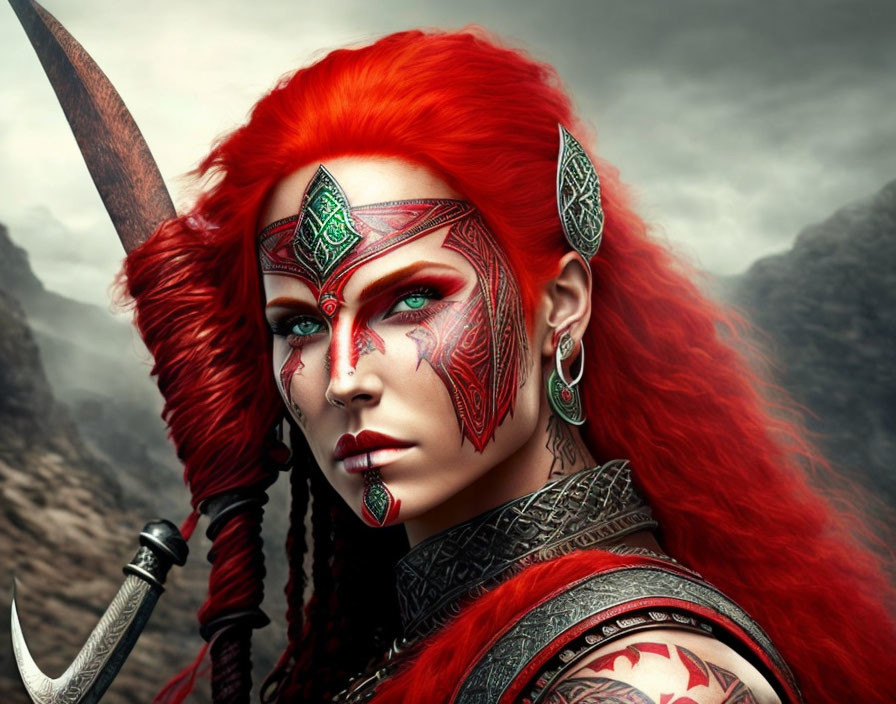 Vibrant red-haired woman with facial tattoos and green eyes wields blade in stormy mountain setting