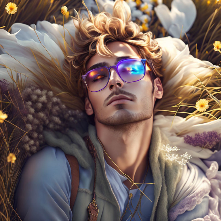 Illustration of man with curly blond hair in purple sunglasses among white flowers and golden wheat