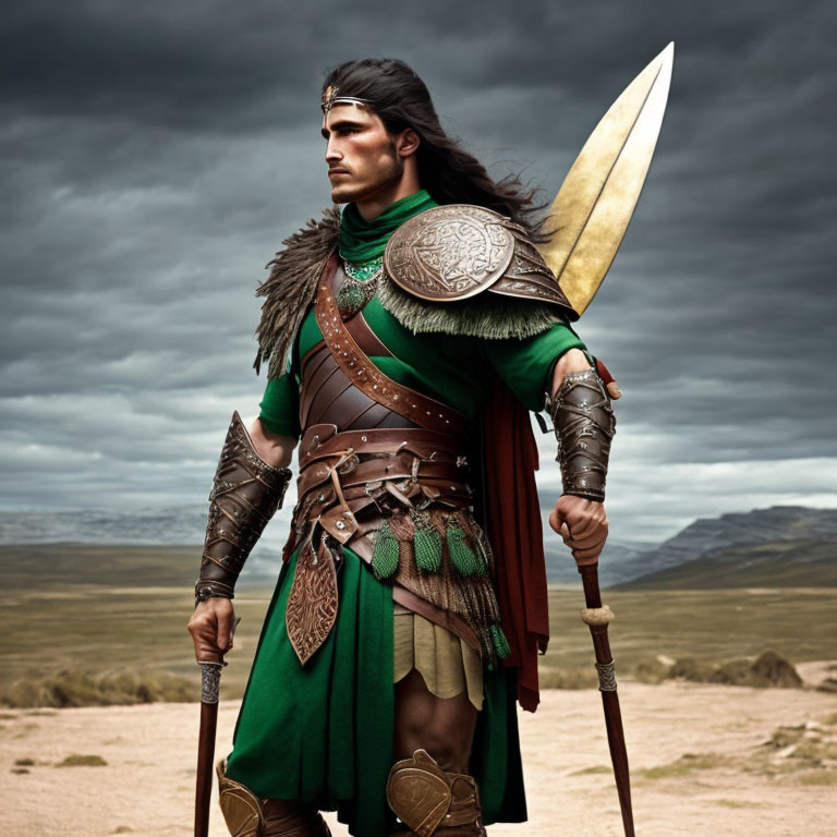 Elaborate fantasy warrior in costume with spear and shield under dramatic cloudy sky