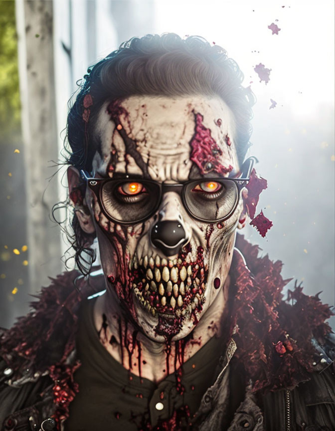 Person in zombie makeup with exposed teeth and glasses against blurred forest background.