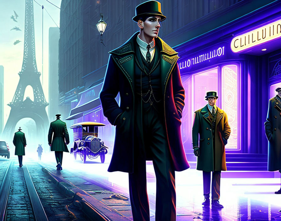 Vintage detective illustration with man in city street scene and Eiffel Tower backdrop.