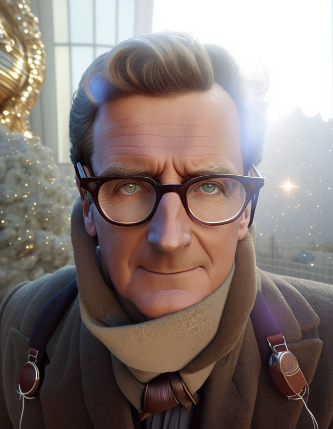 Close-up 3D-animated male character with glasses, scarf, and jacket in soft golden light