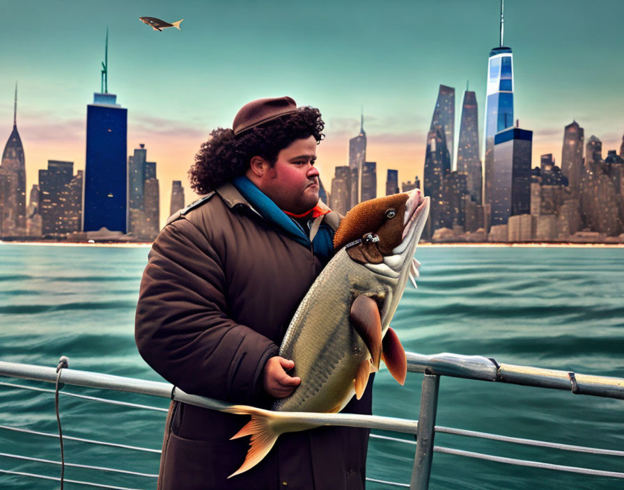 Man displaying large fish against city skyline with skyscrapers and bird - urban fishing scene