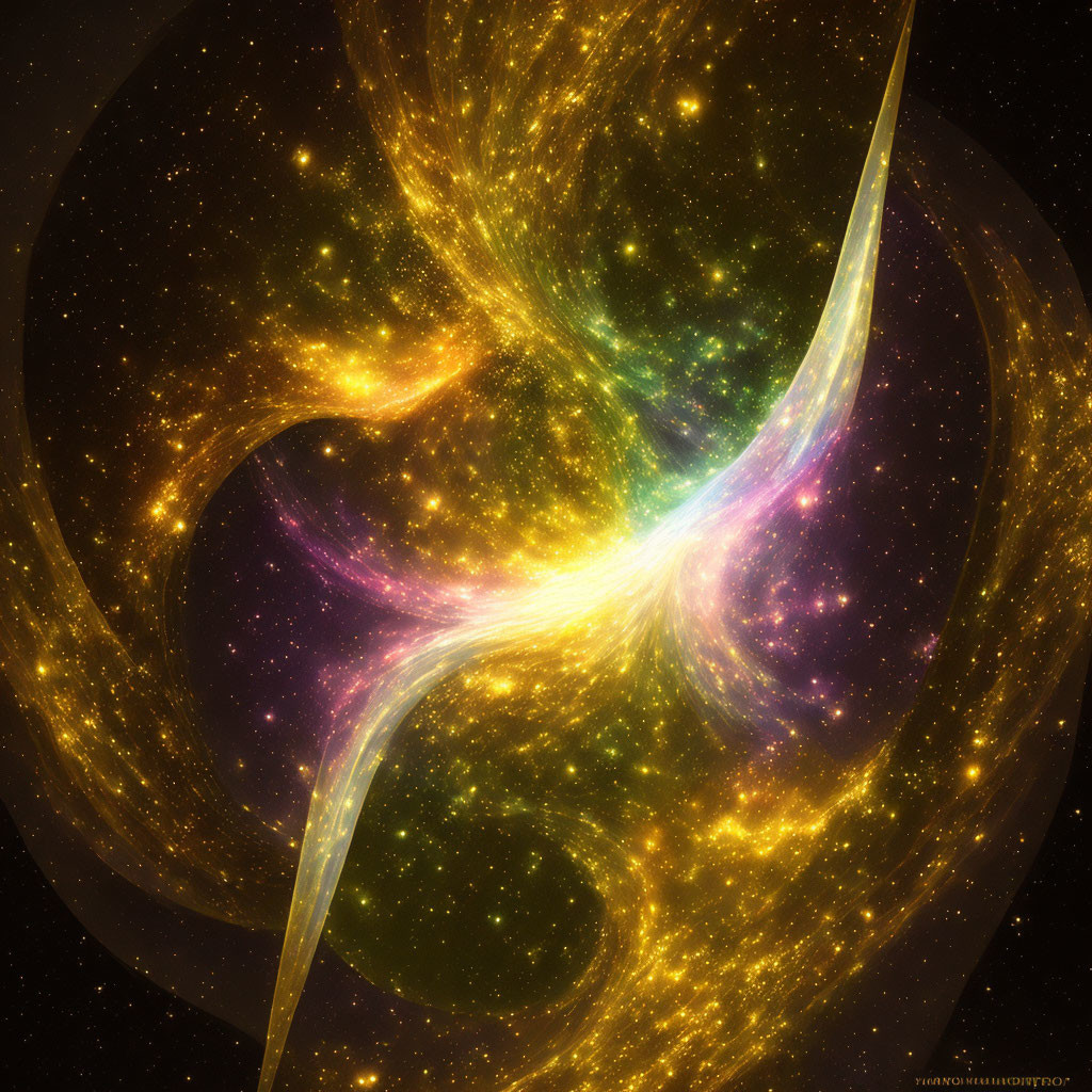 Vibrant digital art: swirling cosmic scene with yellow, white, and purple streaks