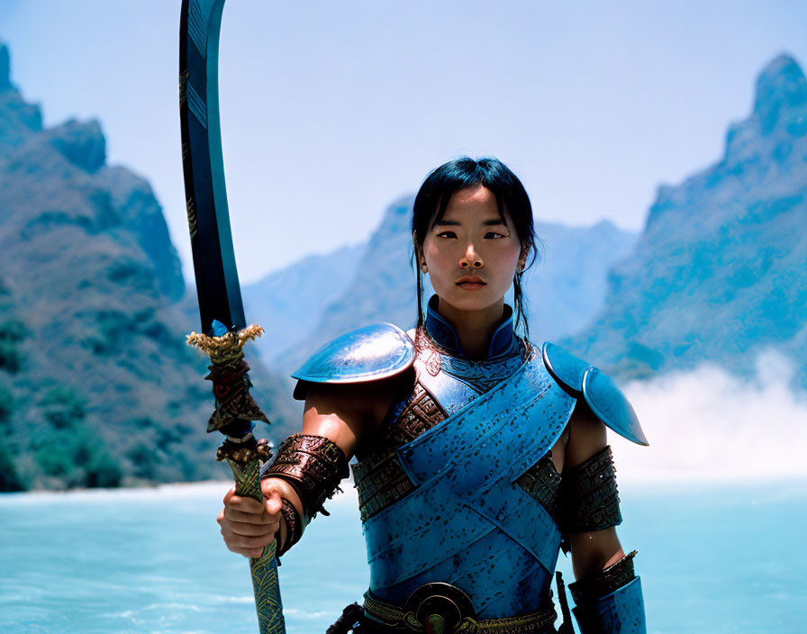 Female warrior in blue armor wields curved sword in mountain landscape