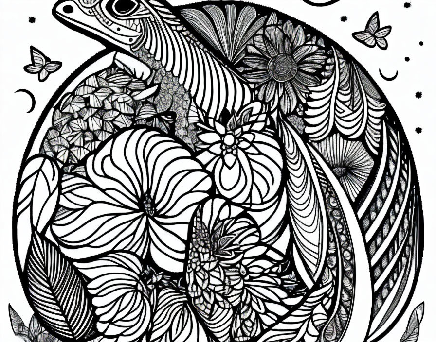 Monochrome frog surrounded by floral patterns, butterflies, and stars