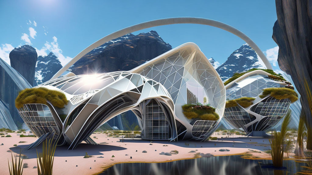 Organic-shaped glass structures in desert landscape with mountains and water.