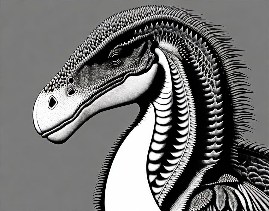 Stylized theropod dinosaur with intricate skin patterns in shades of grey