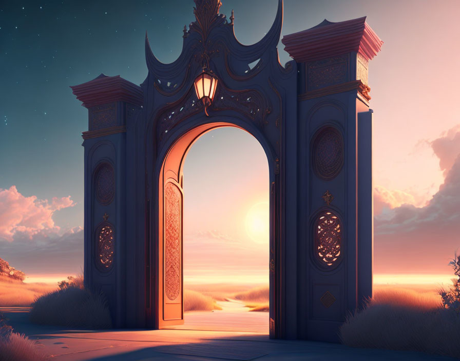 Ornate gate silhouette against twilight sky and setting sun over grassy landscape