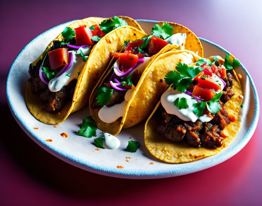 Trio of beef tacos with purple cabbage, cilantro, cream, and red spice on white plate