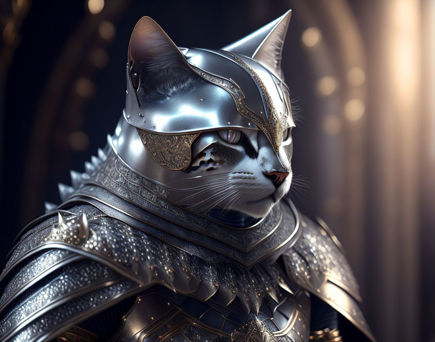 Intricately Armored Cat with Silver and Gold Details