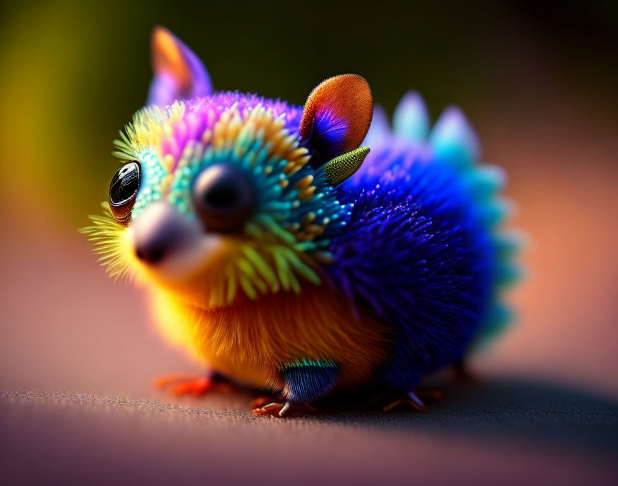 Vibrant blue and orange creature with big eyes in soft-focus setting