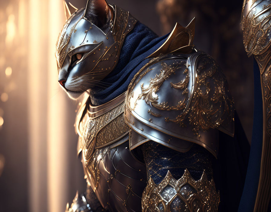 Regal armored cat character with golden detailing in soft lighting