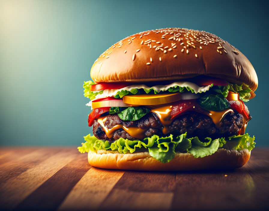 Double beef patty cheeseburger with lettuce, tomato, onions & cheese on sesame seed bun