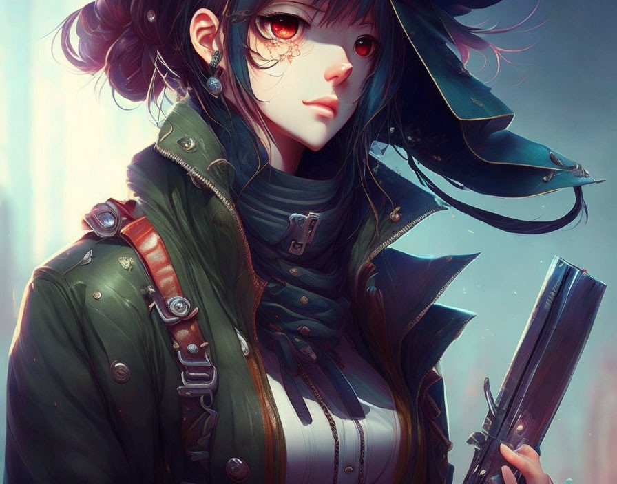 Female character with mechanical eye, green jacket, futuristic weapon, cyberpunk style