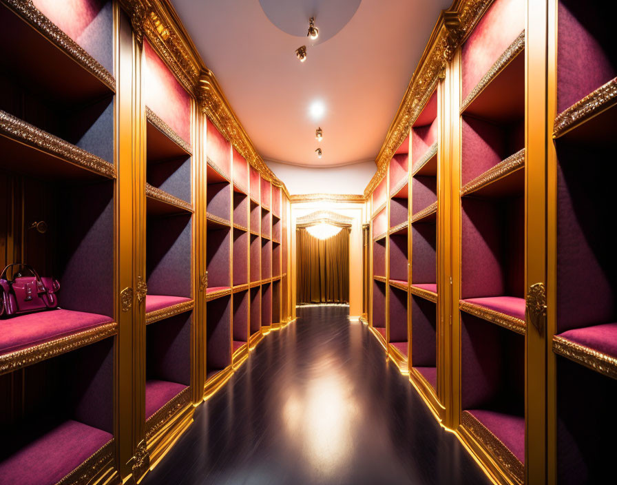 Opulent corridor with velvet walls, golden trim, elegant benches, and ambient lighting