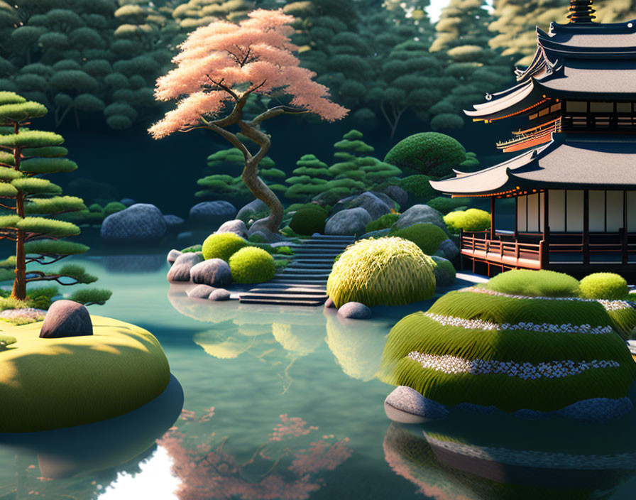 Japanese garden with cherry blossom tree, pagoda, and pond