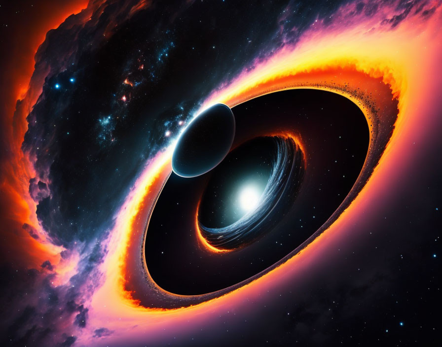 Digital artwork of black hole with accretion disk and celestial body in cosmic scene