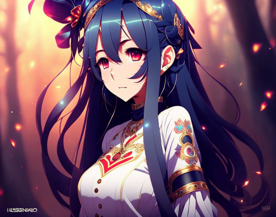 Blue-haired anime character in white and gold outfit with red accents in fiery background