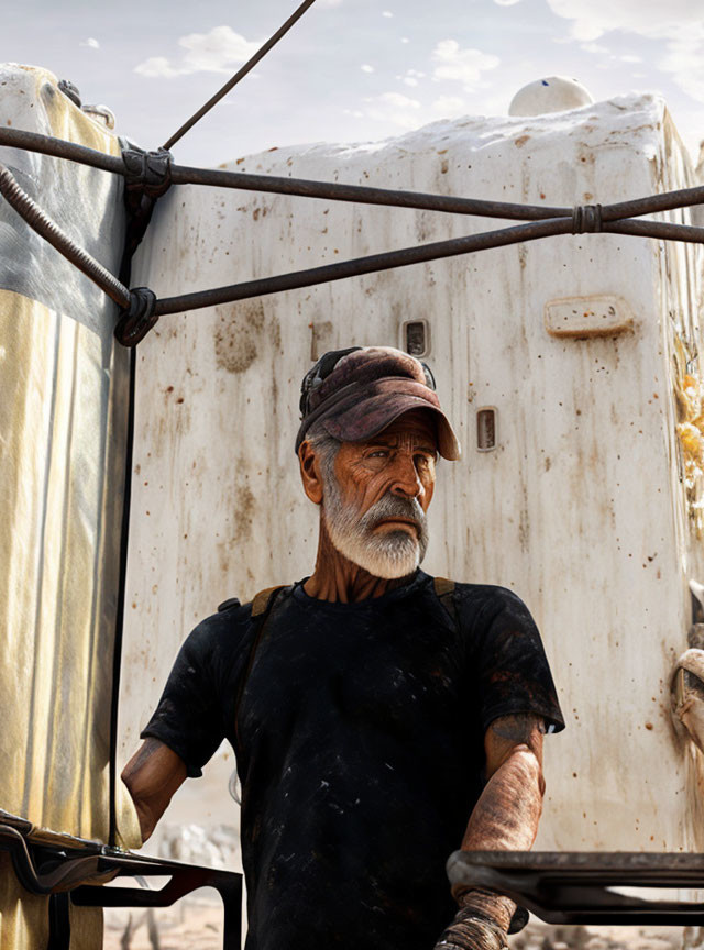 Elderly man with beard and cap near weathered structure under cloudy sky