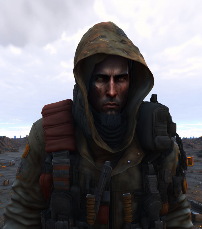 Man in hooded jacket with gear overlooking desolate landscape