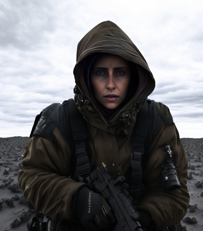 Person in tactical gear holding rifle under cloudy sky