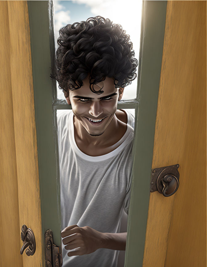 Person with Curly Hair Smiling Peeking Through Double Door