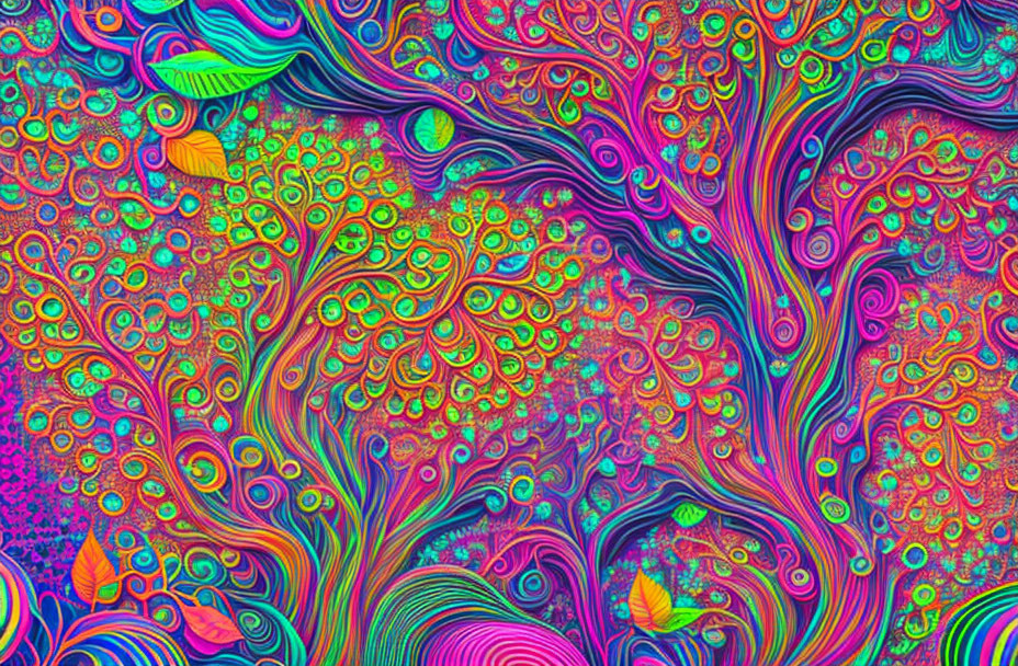 Colorful Psychedelic Pattern with Swirling Leaf Shapes and Abstract Lines