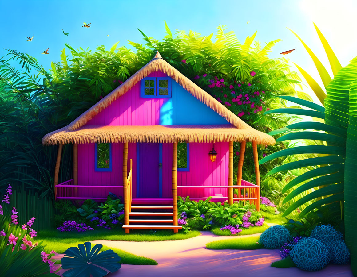 Vibrant pink tropical hut surrounded by lush greenery